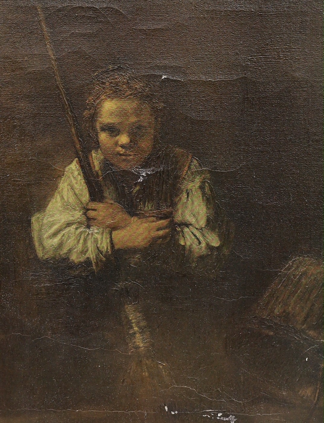19th century English School, oil on canvas, Study of a boy angler, 24 x 19cm and an oleograph after Rembrandt